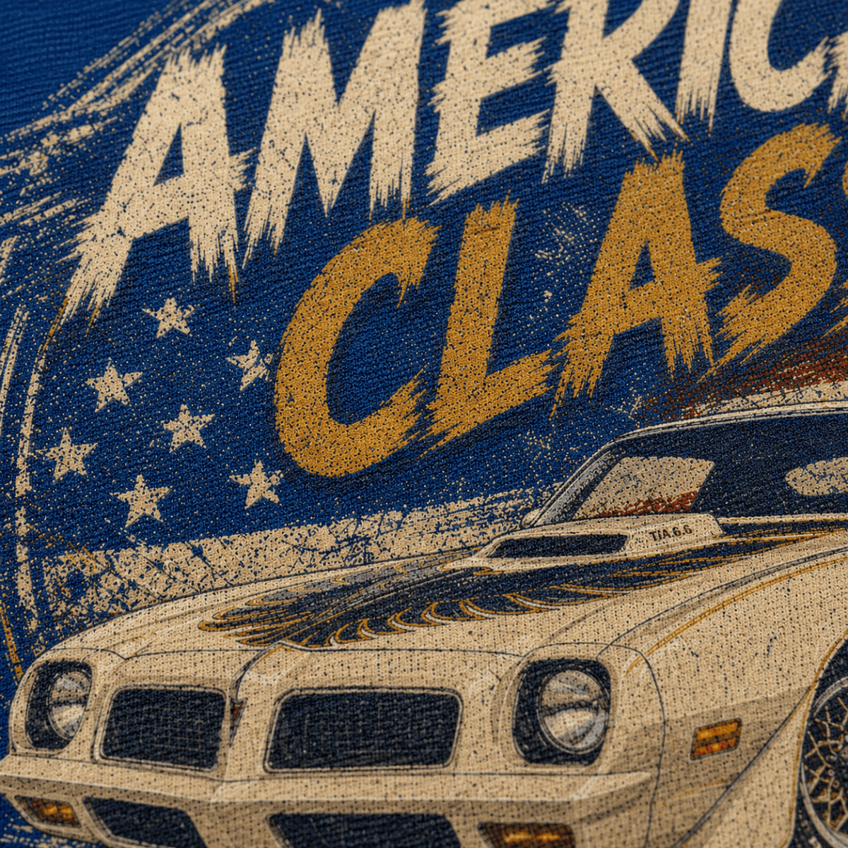 Close-up of the American Classic T/A 6.6 Muscle Car premium halftone DTF print on royal blue fabric