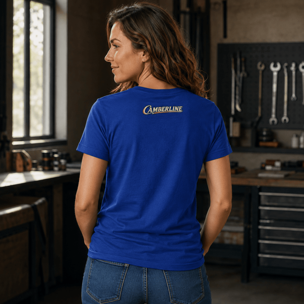 Back view of model wearing the royal blue Camberline T-shirt with nape print