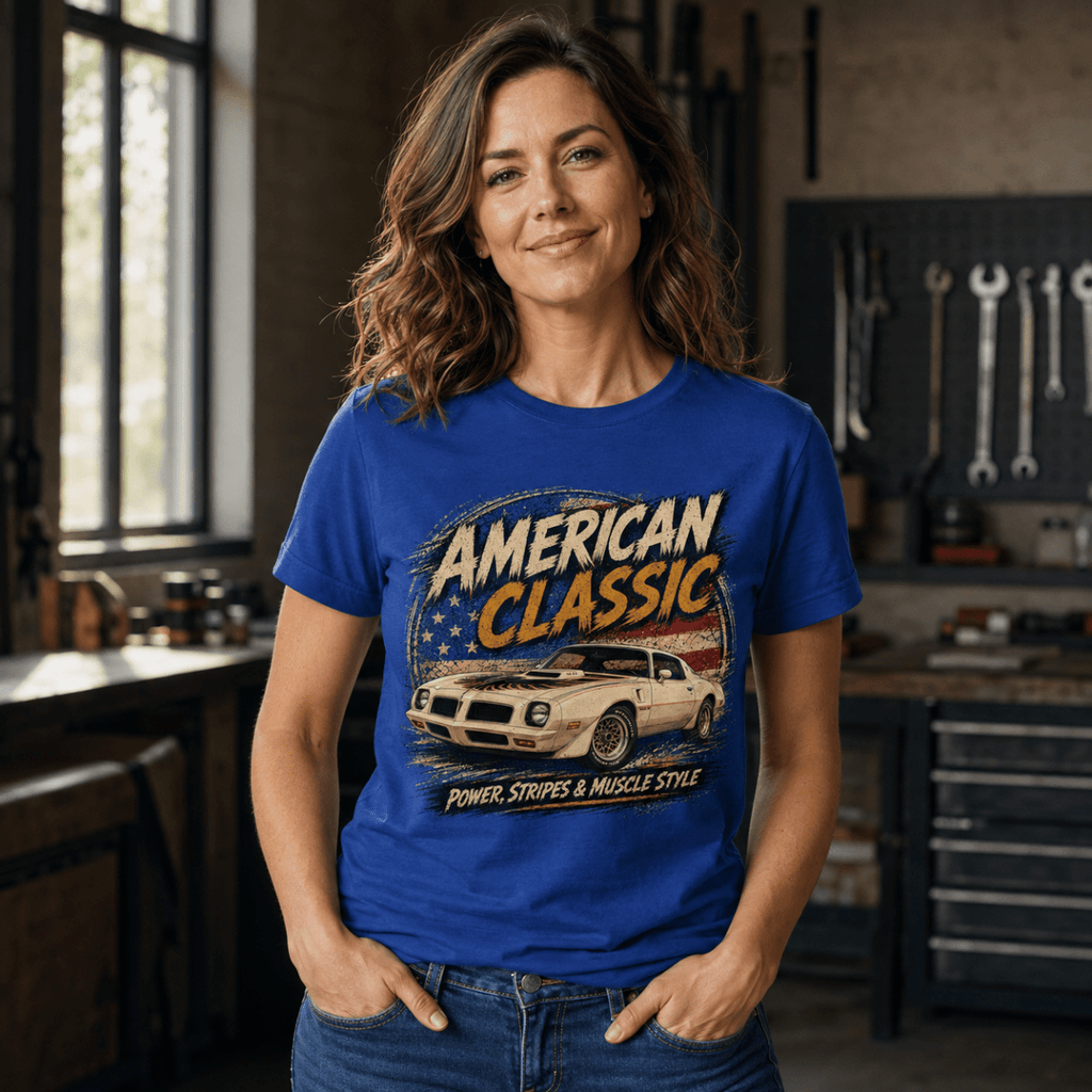 Model wearing a royal blue T/A 6.6 muscle car graphic T-shirt, front view