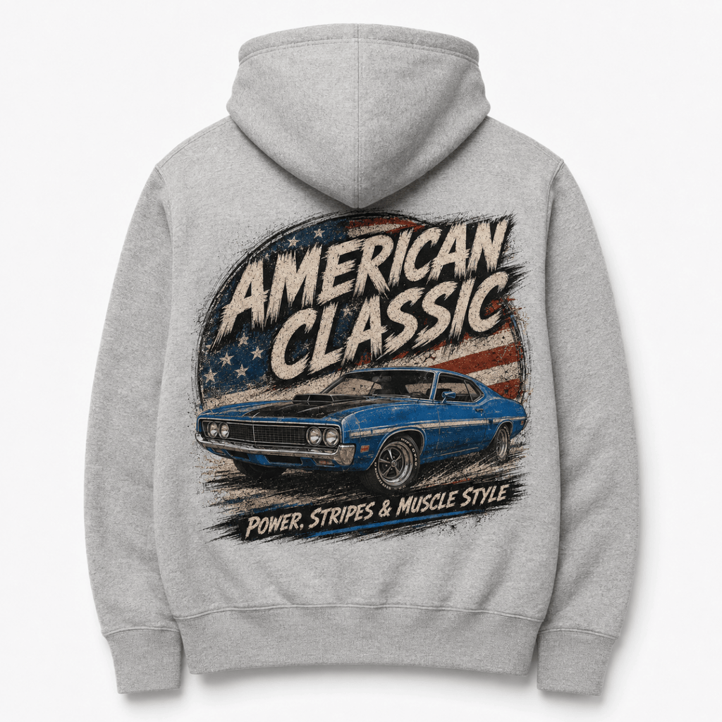 Back product view of the sport grey hoodie with large blue muscle coupe graphic