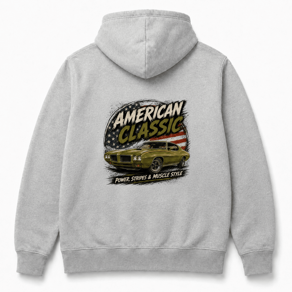 Back product view of the sport grey hoodie with large green striped muscle coupe graphic