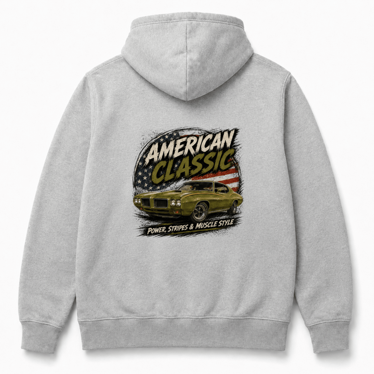 Back product view of the sport grey hoodie with large green striped muscle coupe graphic