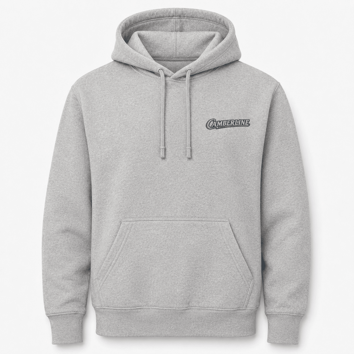 Front product view of the sport grey hoodie with small Camberline chest logo