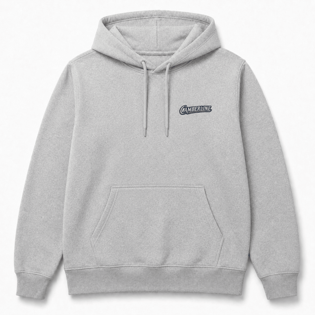 Front product view of the sport grey hoodie with small Camberline chest logo