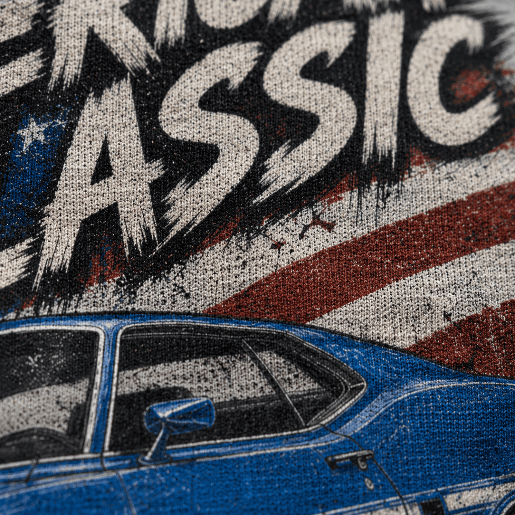 Close-up of the American Classic 1970s Blue Muscle Coupe premium halftone DTF print on sport grey hoodie fabric