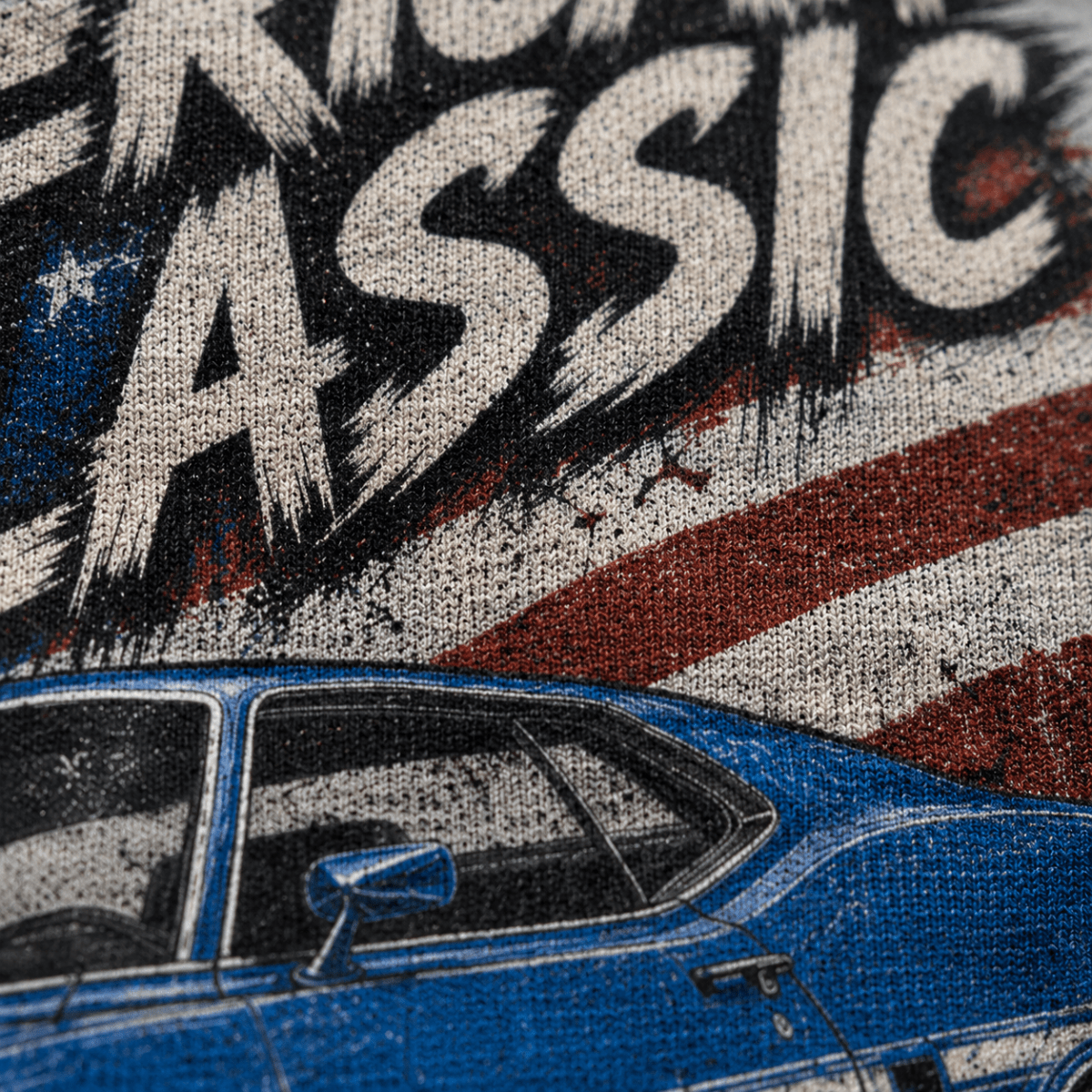 Close-up of the American Classic 1970s Blue Muscle Coupe premium halftone DTF print on sport grey hoodie fabric