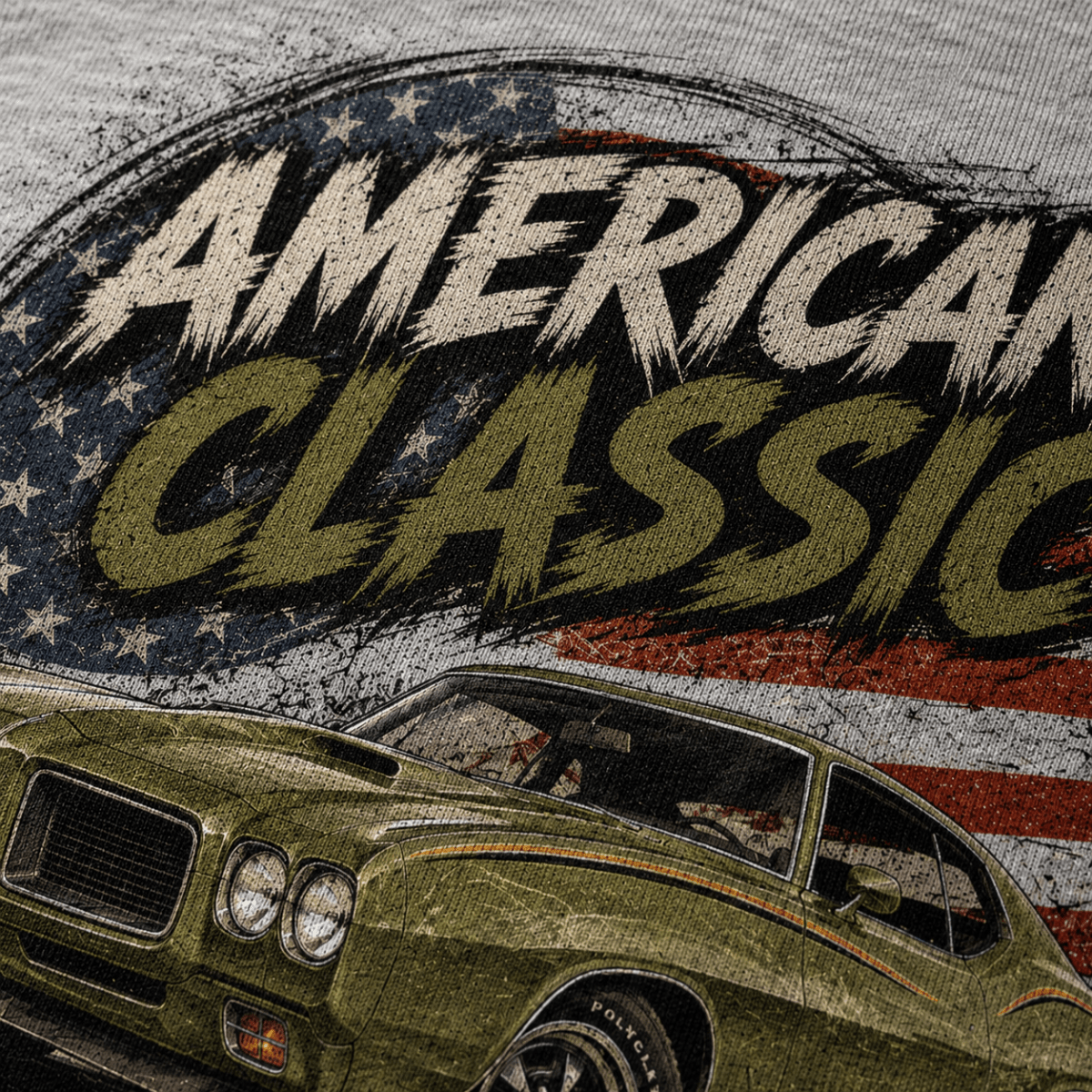 Close-up of the American Classic Stripes & Muscle Coupe premium halftone DTF print on sport grey hoodie fabric