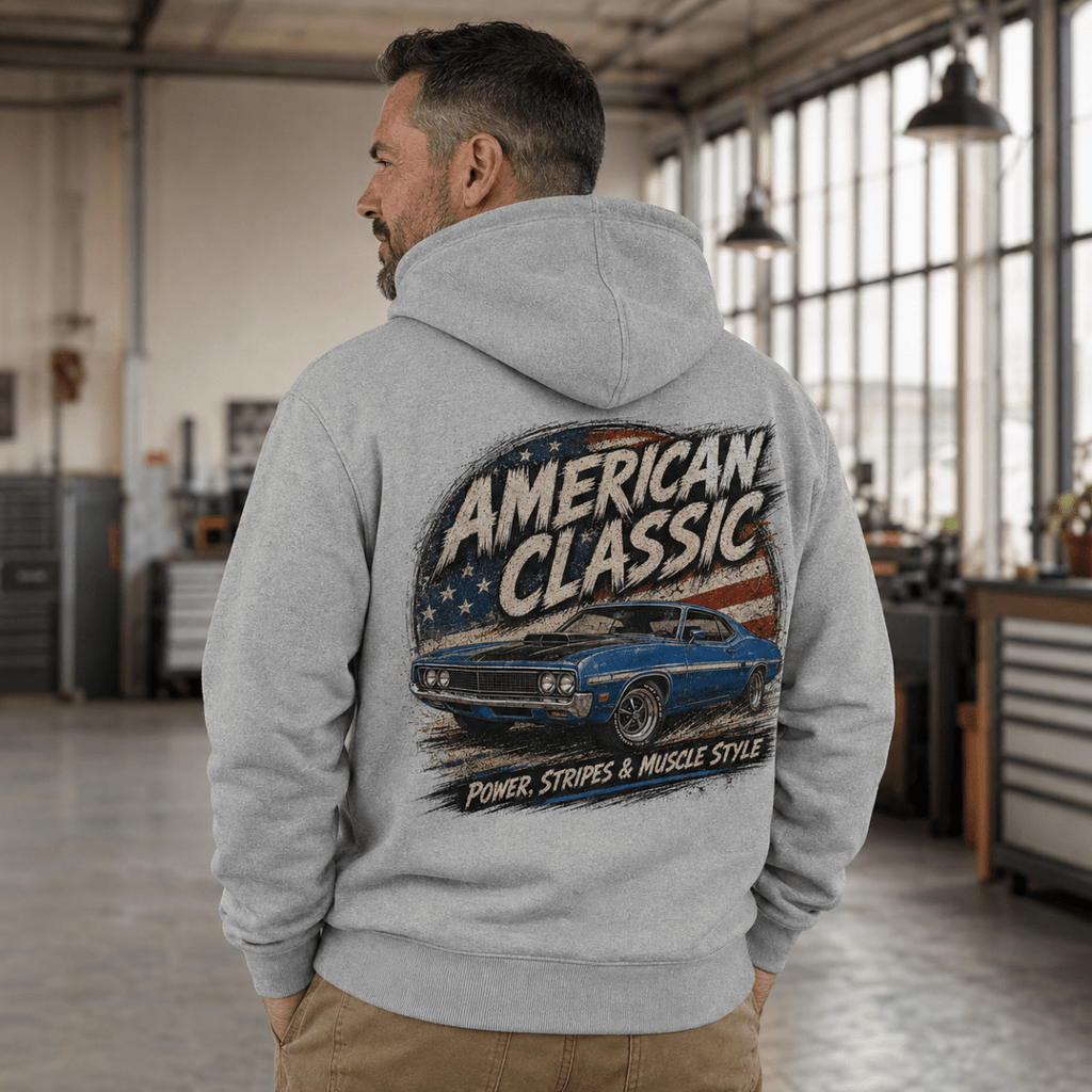 Model wearing a sport grey blue muscle coupe graphic hoodie, back print view