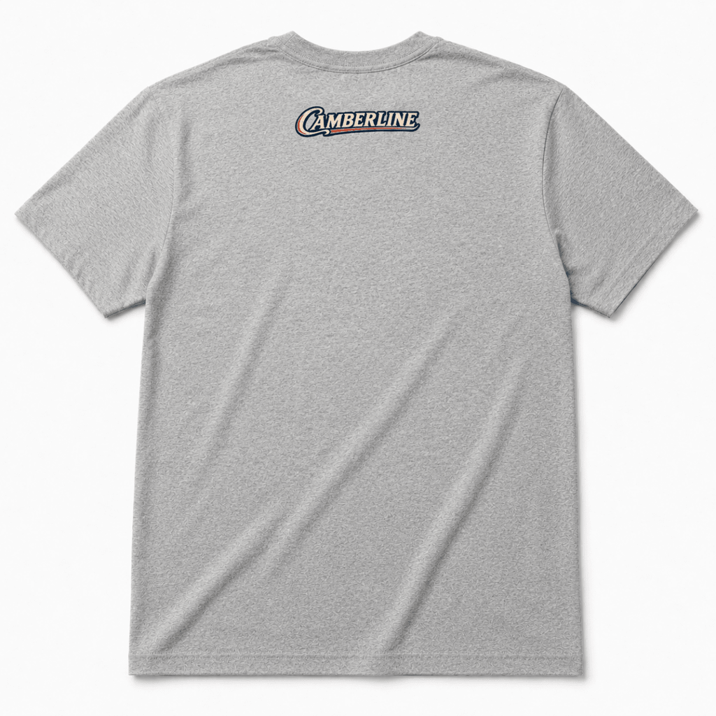 Back product view of the sport grey T-shirt with small Camberline nape print