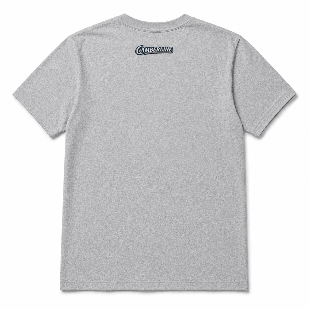 Back product view of the sport grey T-shirt with small Camberline nape print