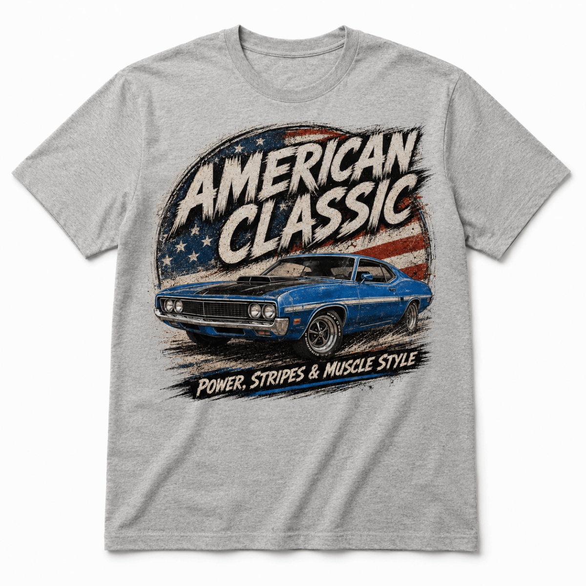 Front product view of the sport grey blue muscle coupe graphic T-shirt