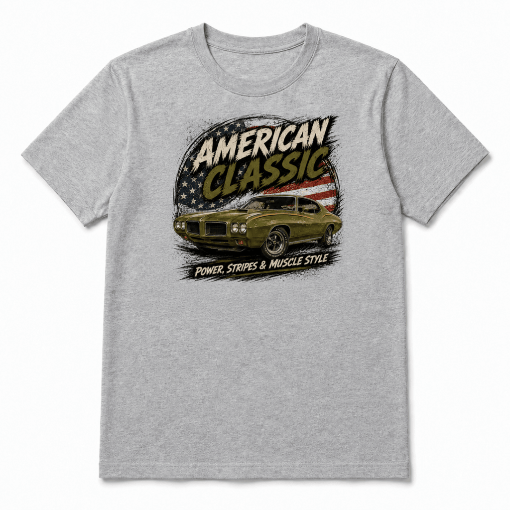 Front product view of the sport grey green striped muscle coupe graphic T-shirt