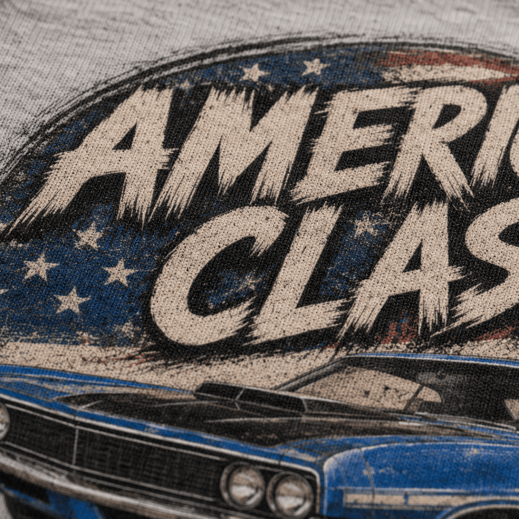Close-up of the American Classic 1970s Blue Muscle Coupe premium halftone DTF print on sport grey fabric