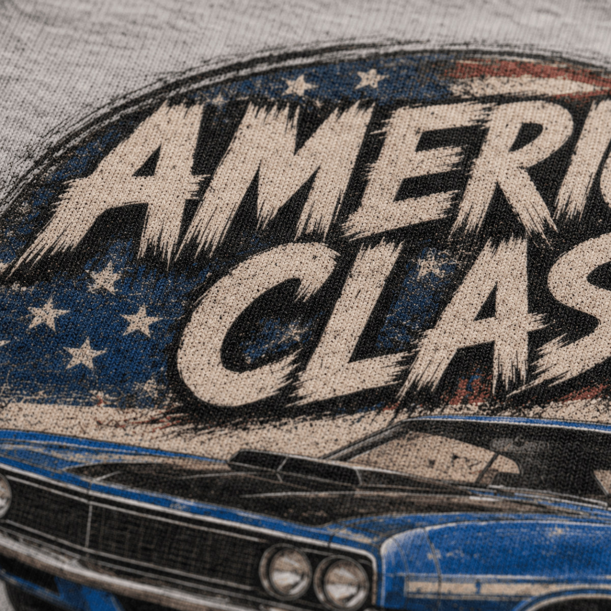 Close-up of the American Classic 1970s Blue Muscle Coupe premium halftone DTF print on sport grey fabric