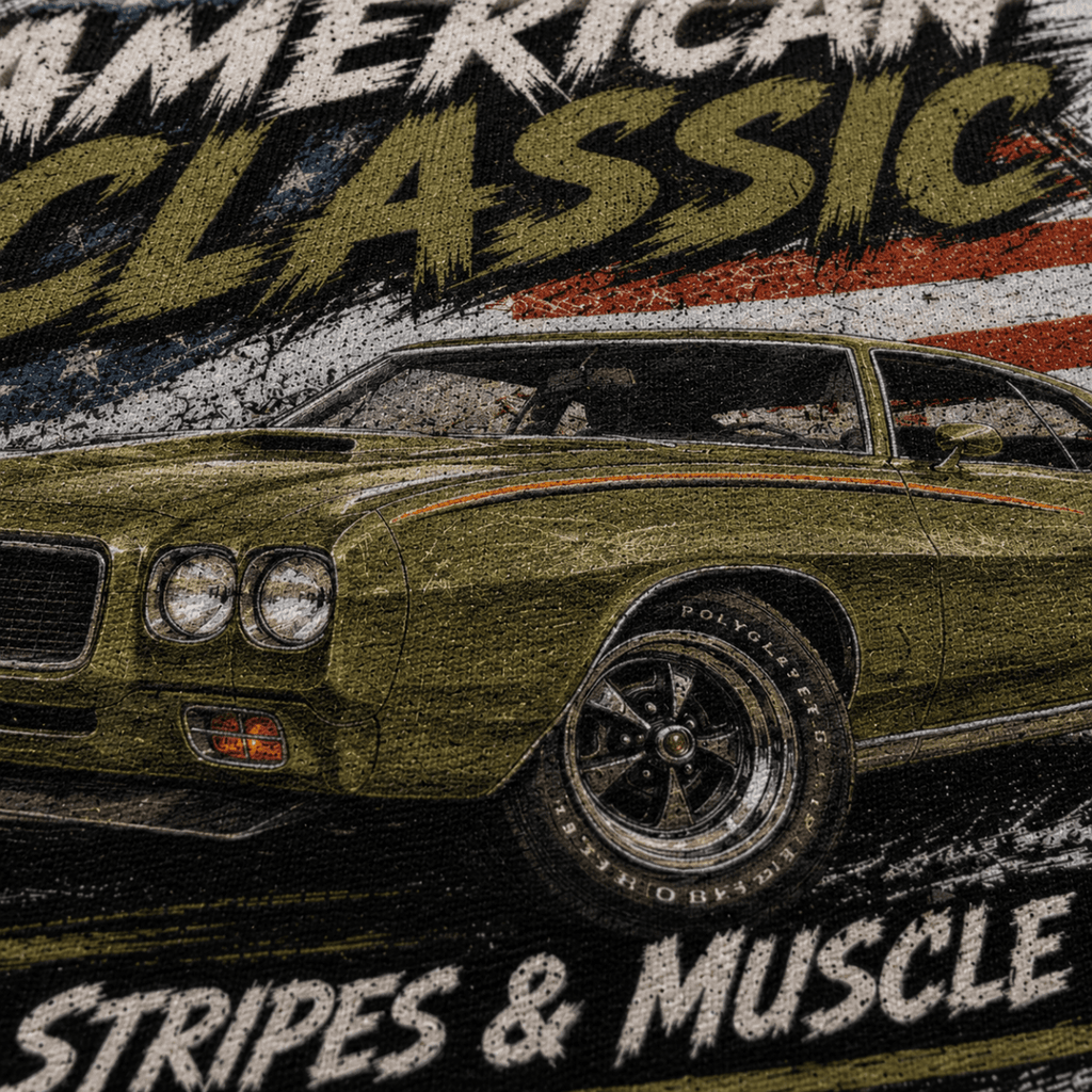 Close-up of the American Classic Stripes & Muscle Coupe premium halftone DTF print on sport grey fabric