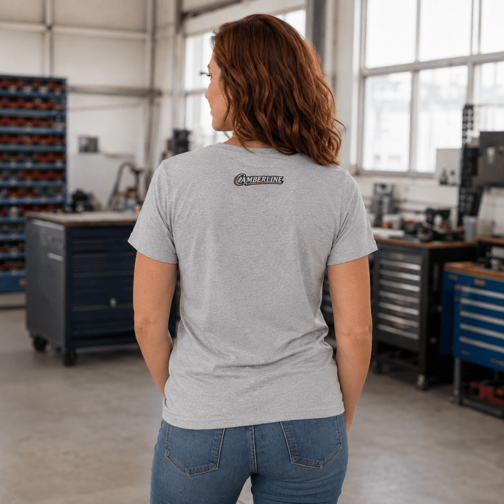 Back view of model wearing the sport grey Camberline T-shirt with nape print