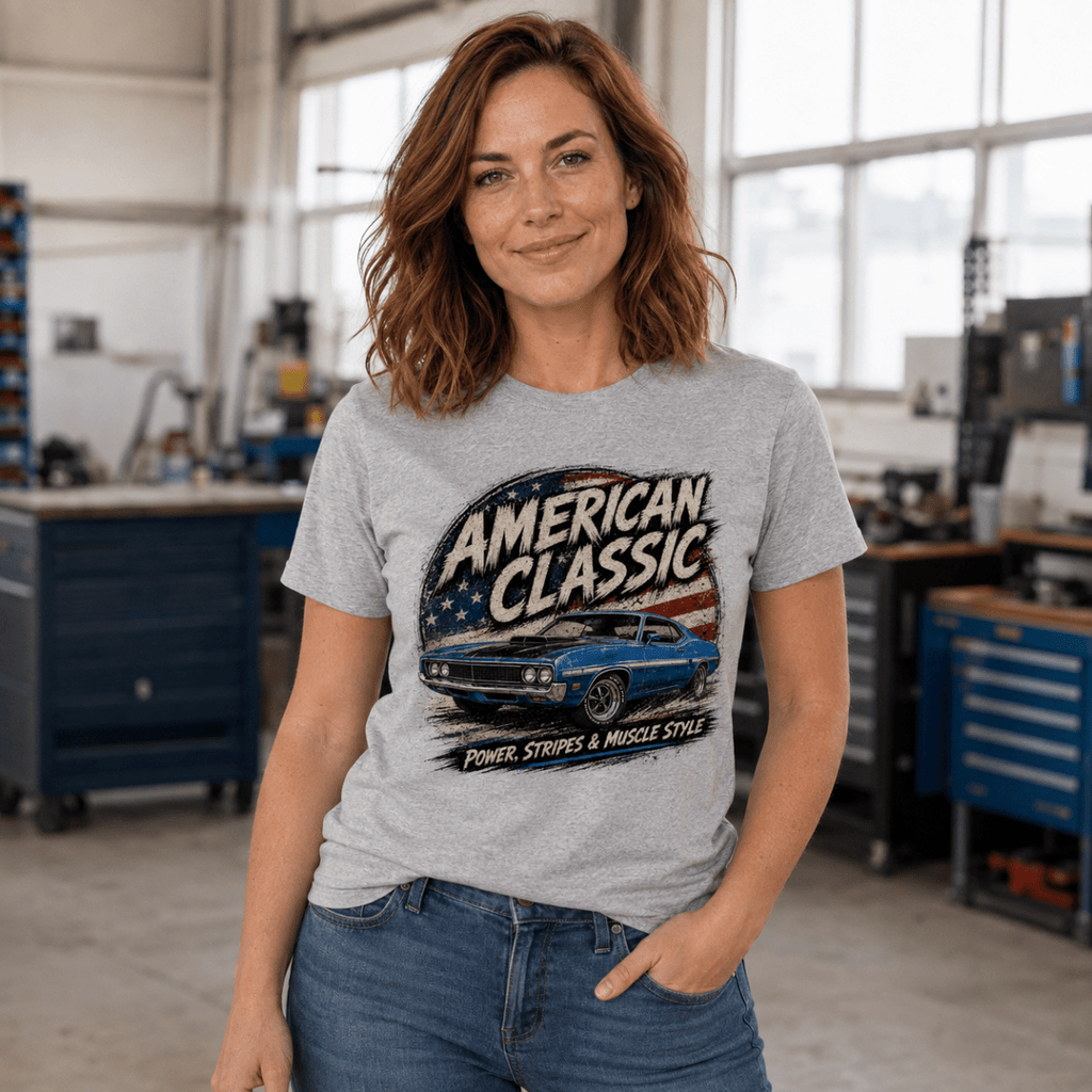 Model wearing a sport grey blue muscle coupe graphic T-shirt, front view