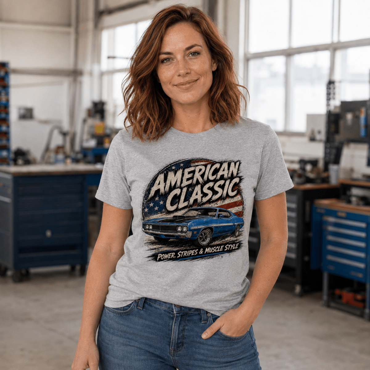 Model wearing a sport grey blue muscle coupe graphic T-shirt, front view