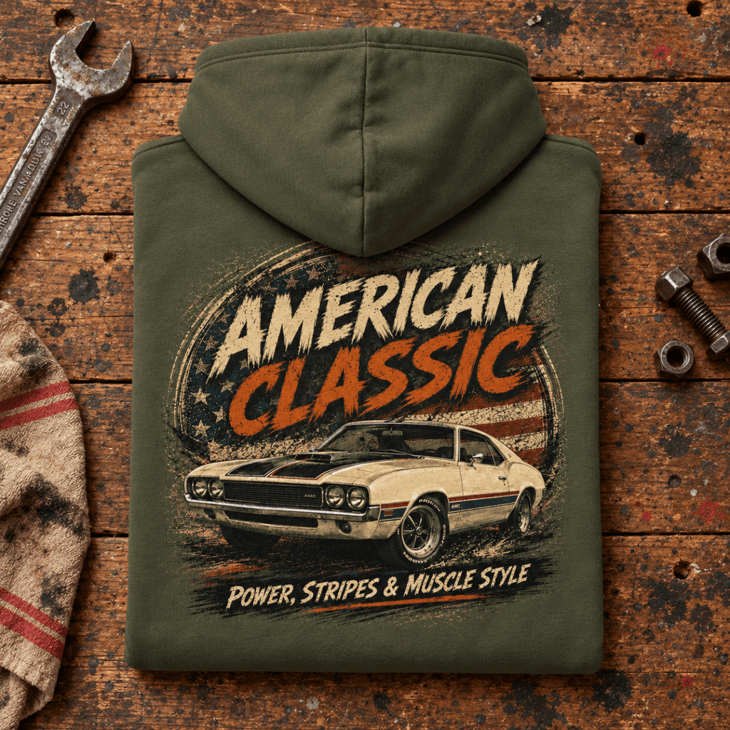 American Classic 1970s Hardtop Graphic Hoodie – Military Green, folded back hero on a worn automotive workbench – car-hd-0138