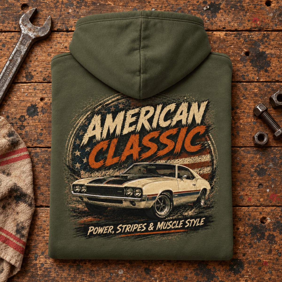 American Classic 1970s Hardtop Graphic Hoodie – Military Green, folded back hero on a worn automotive workbench – car-hd-0138