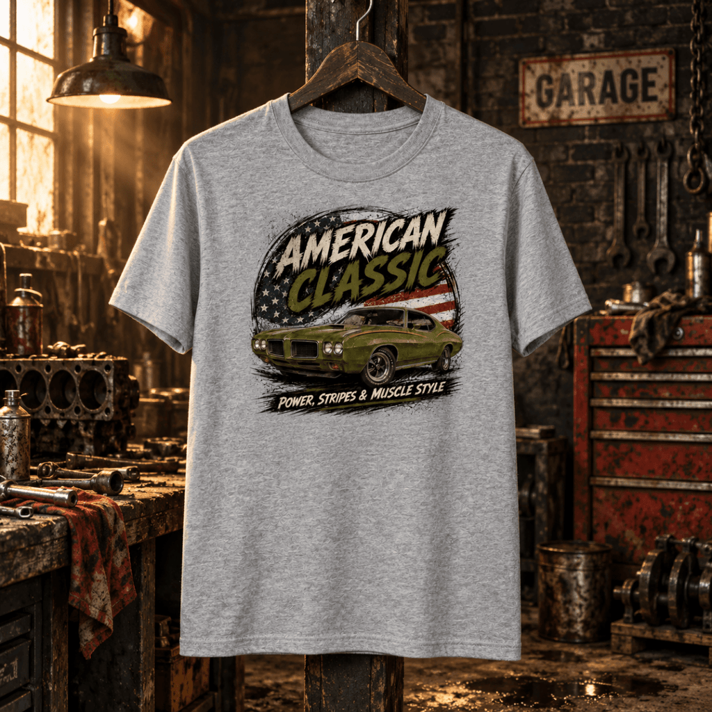 American Classic muscle coupe sport grey T-shirt in a gritty garage