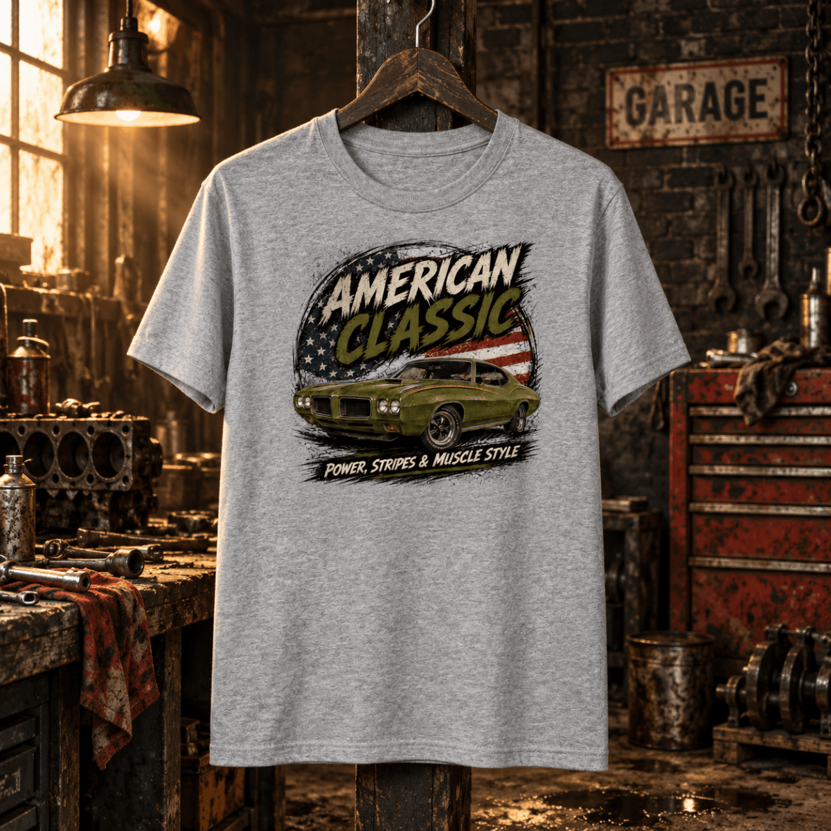 American Classic muscle coupe sport grey T-shirt in a gritty garage