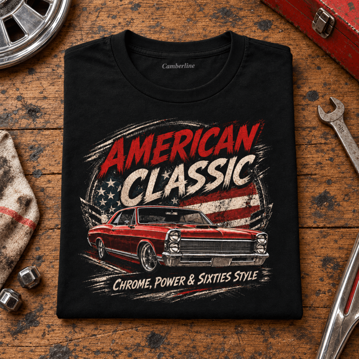 American Classic 1960s Red Muscle Coupe Graphic T-Shirt – Black, folded front hero on a worn automotive workbench – car-ts-0146