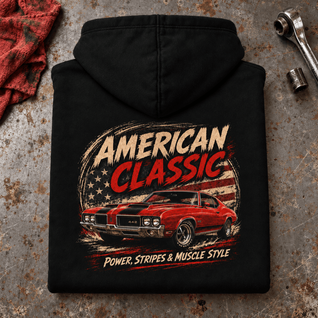 American Classic 1970s Red Sports Coupe Graphic Hoodie – Black, folded back hero on a worn automotive workbench – car-hd-0139