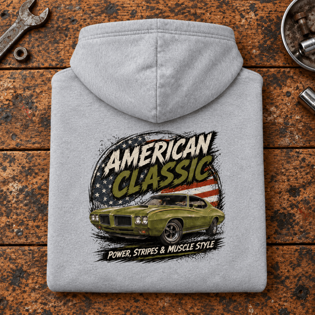 American Classic Stripes & Muscle Coupe Graphic Hoodie – Sport Grey, folded back hero on a worn automotive workbench – car-hd-0151