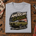 American Classic Stripes & Muscle Coupe Graphic T-Shirt – Sport Grey, folded front hero on a worn automotive workbench – car-ts-0151