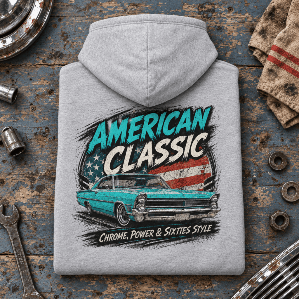 American Classic 1960s Turquoise Cruiser Graphic Hoodie – Sport Grey, folded back hero on a worn automotive workbench – car-hd-0148