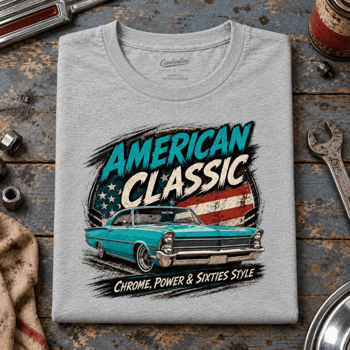 American Classic 1960s Turquoise Cruiser Graphic T-Shirt – Sport Grey, folded front hero on a worn automotive workbench – car-ts-0148