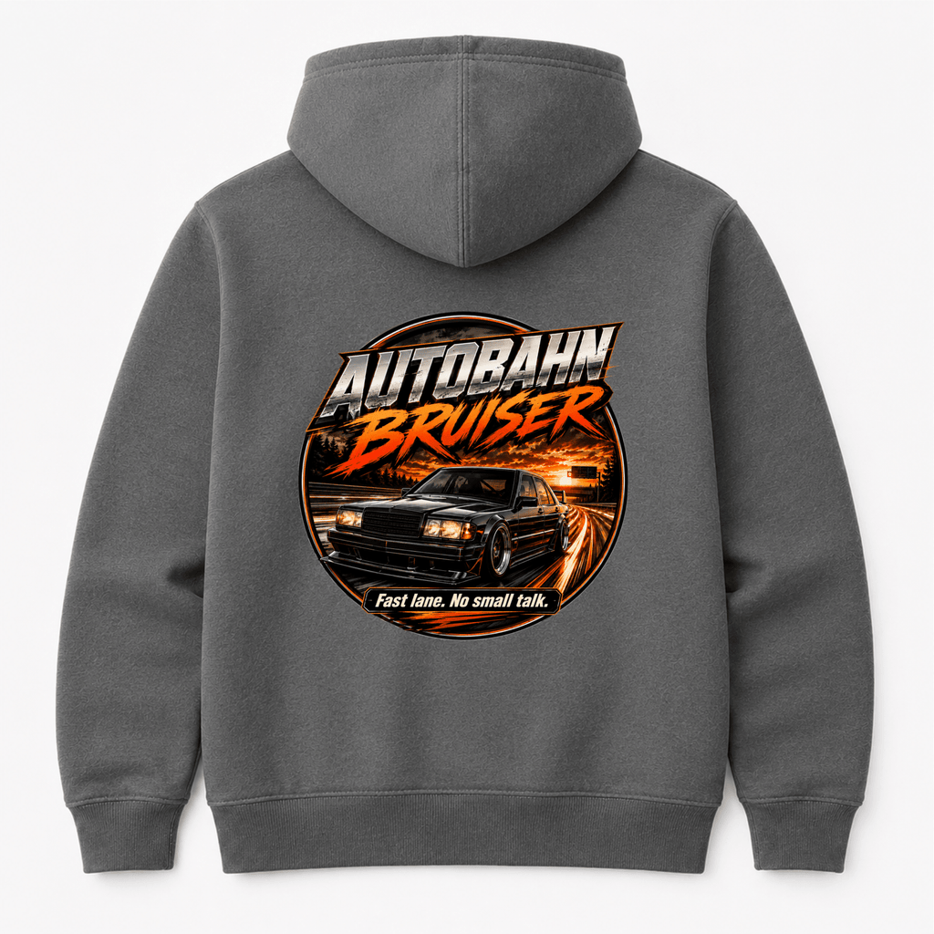 Camberline Cars Autobahn Bruiser Hoodie in Shark Grey showing back graphic