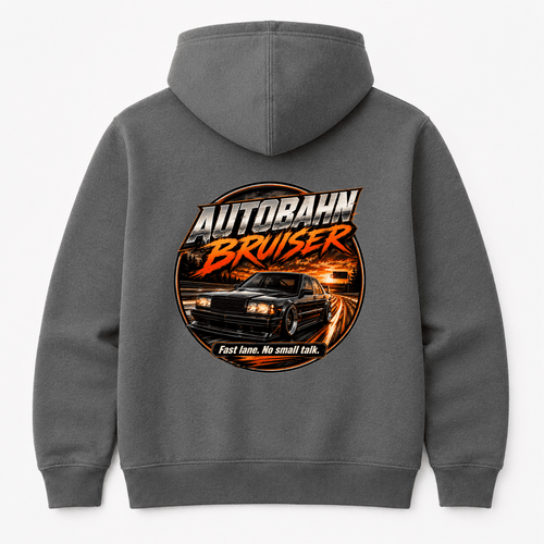 Camberline Cars Autobahn Bruiser Hoodie in Shark Grey showing back graphic