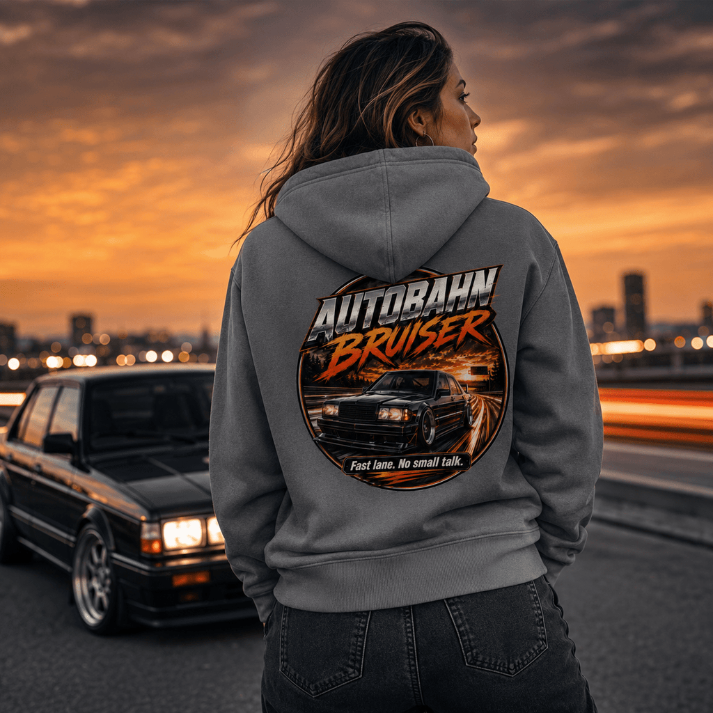 Model wearing Camberline Cars Autobahn Bruiser Hoodie in Shark Grey