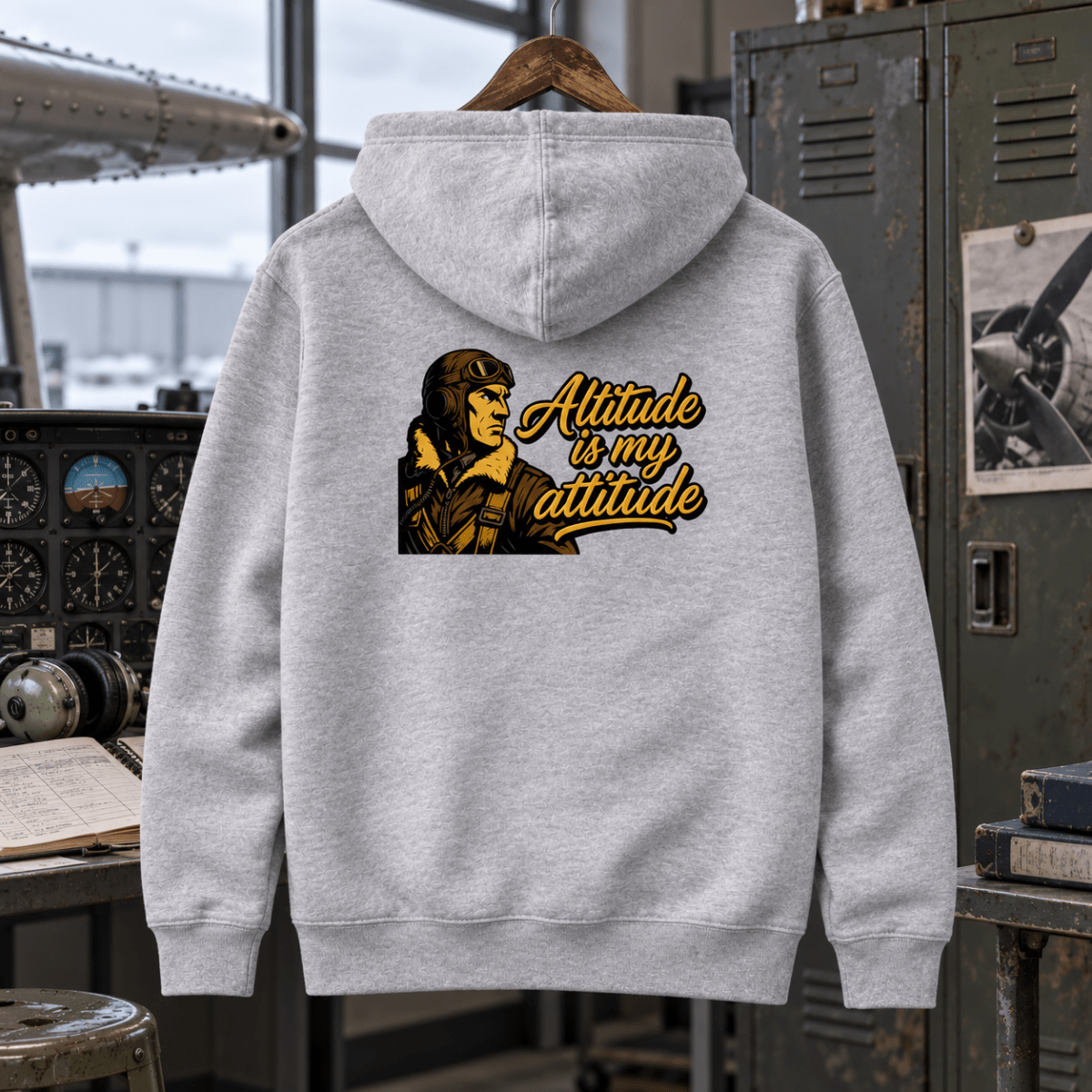 Altitude Is My Attitude pilot grey aviation hoodie in flight school workshop