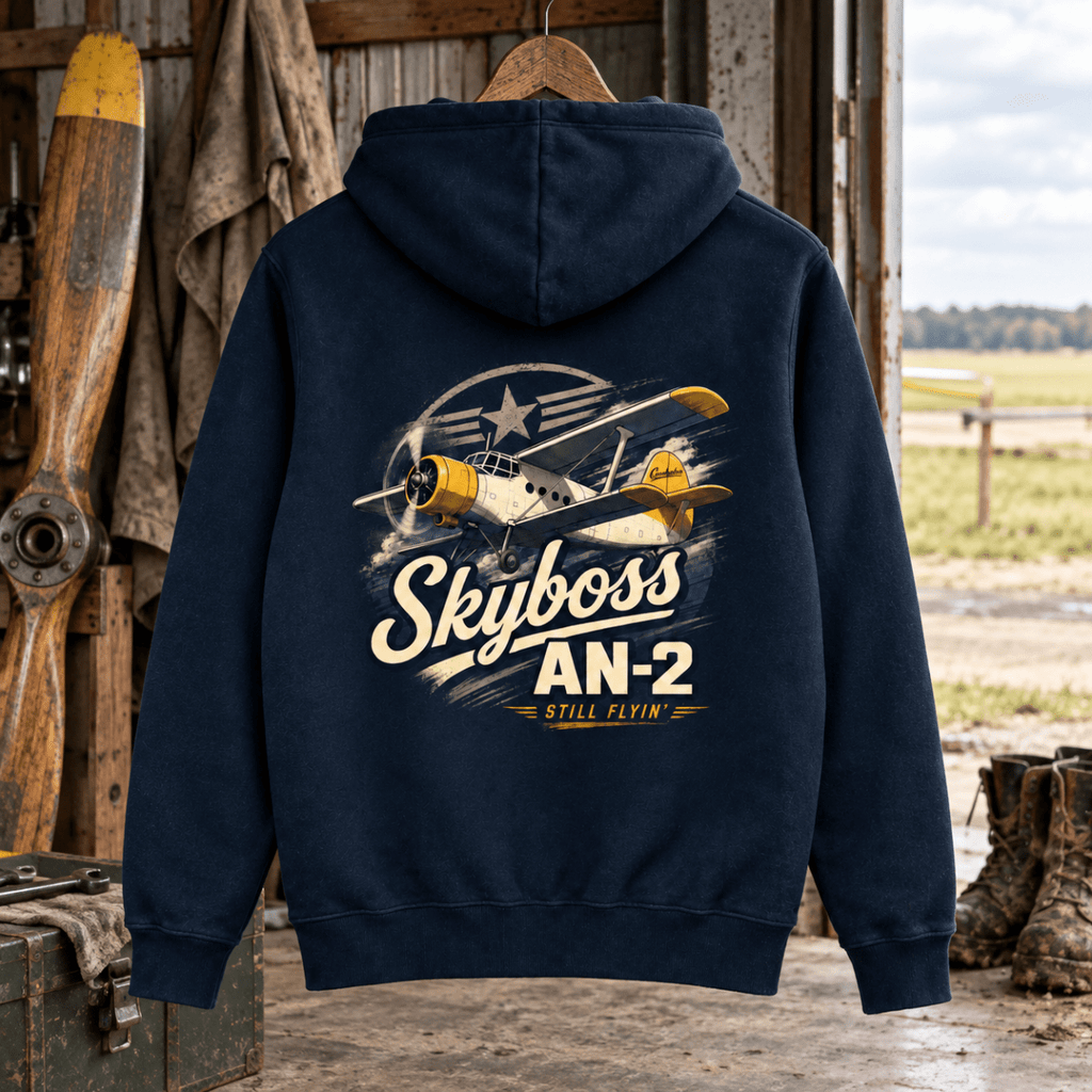 Skyboss AN-2 navy aviation hoodie in agricultural airfield repair shed