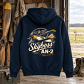 Skyboss AN-2 navy aviation hoodie in agricultural airfield repair shed