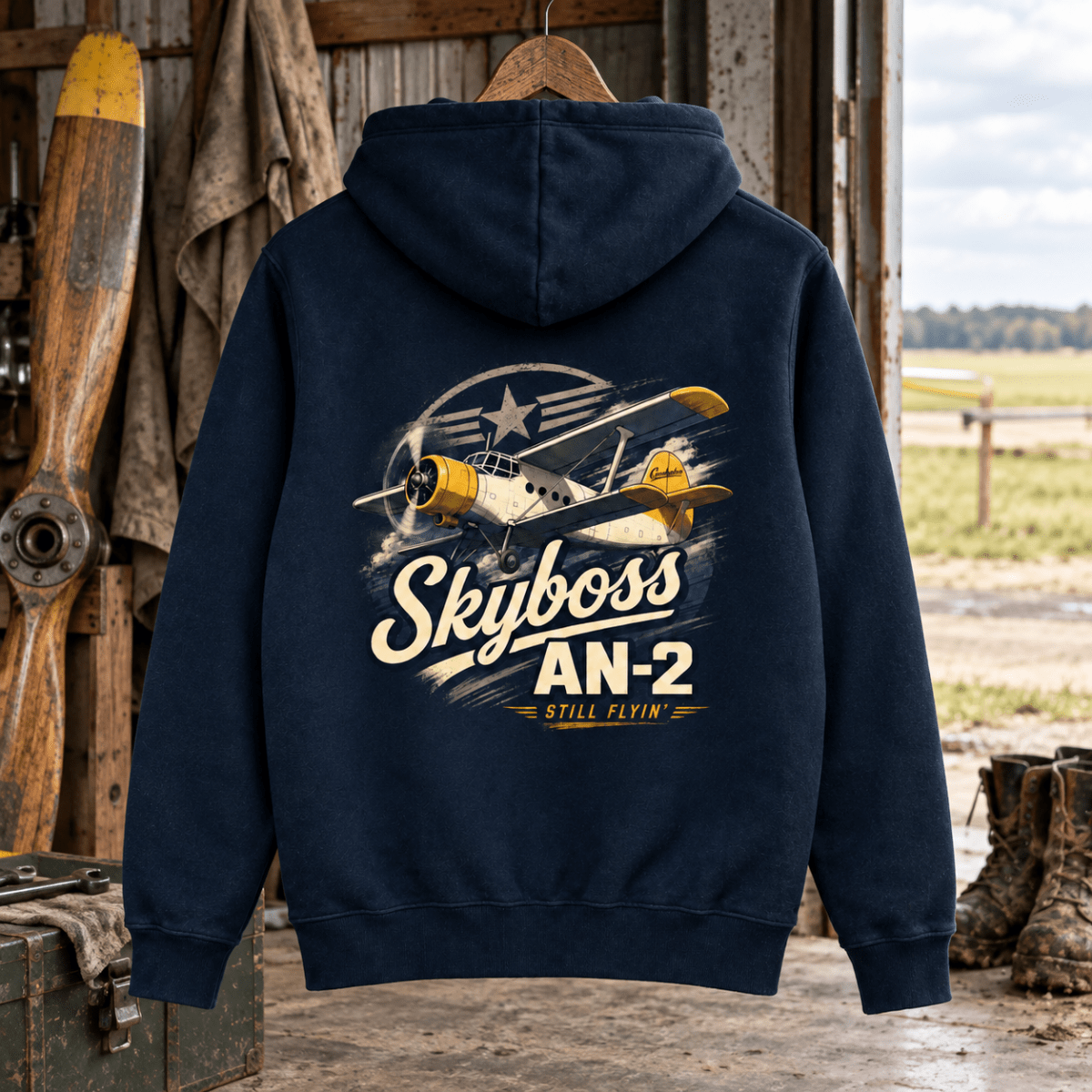 Skyboss AN-2 navy aviation hoodie in agricultural airfield repair shed