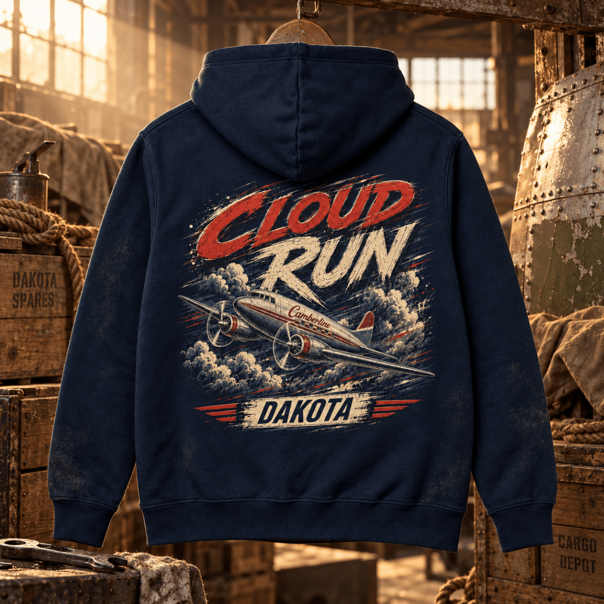 Navy Cloud Run Dakota hoodie in a vintage cargo depot