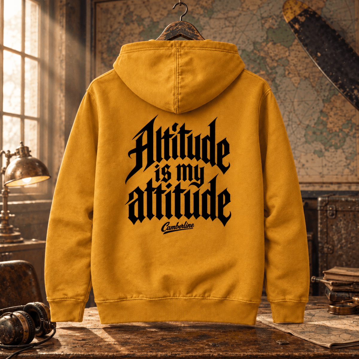 Altitude Is My Attitude mustard aviation hoodie in vintage pilot briefing room