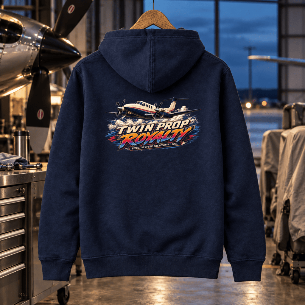 Twin Prop Royalty navy aviation hoodie in executive turboprop service bay