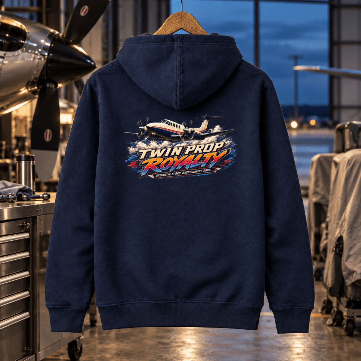 Twin Prop Royalty navy aviation hoodie in executive turboprop service bay