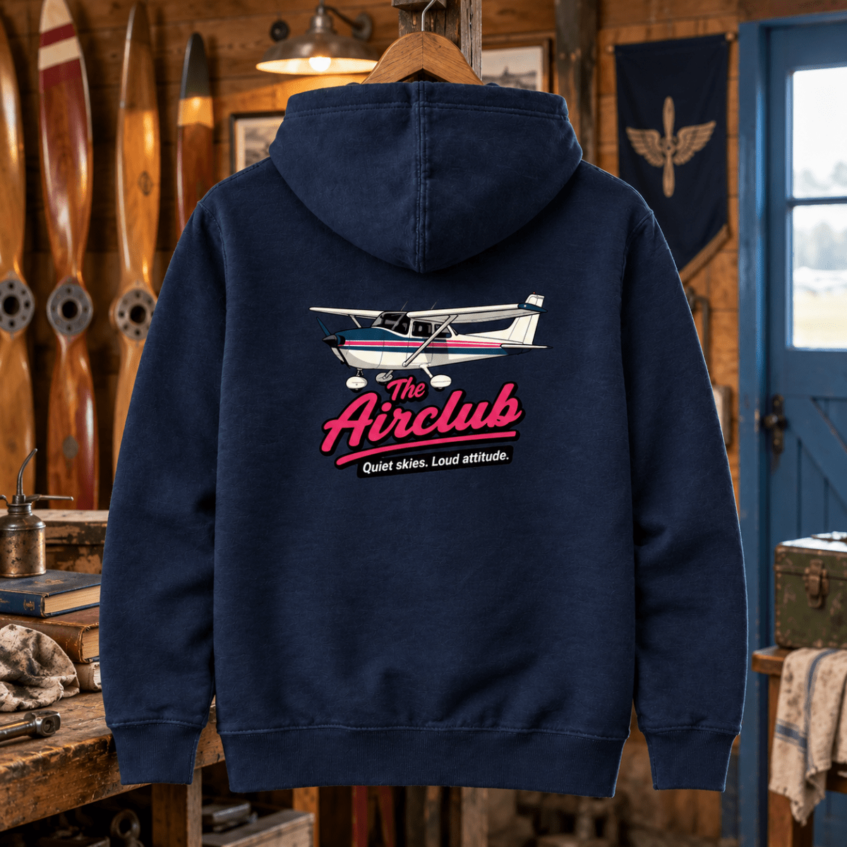 Navy The Airclub light-aircraft hoodie in an independent flying-club workshop