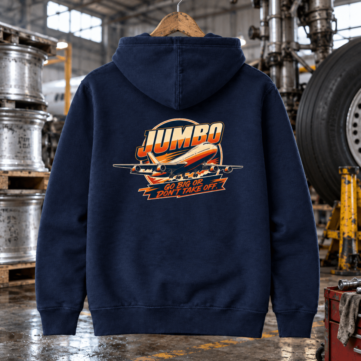 Jumbo Queen of the Skies navy aviation hoodie in wheel maintenance bay