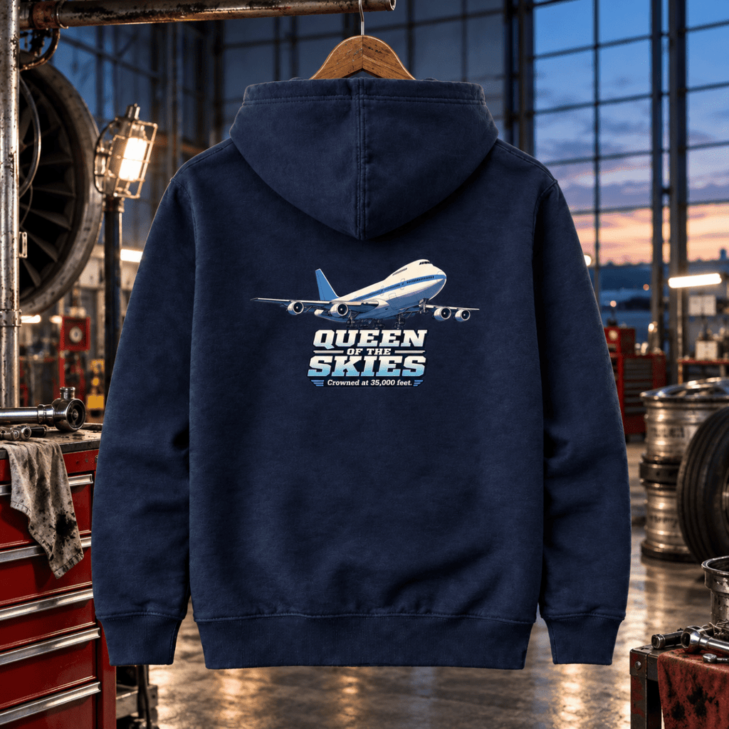 Navy Queen of the Skies jumbo-jet hoodie in a classic jet hangar
