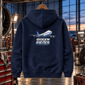 Navy Queen of the Skies jumbo-jet hoodie in a classic jet hangar