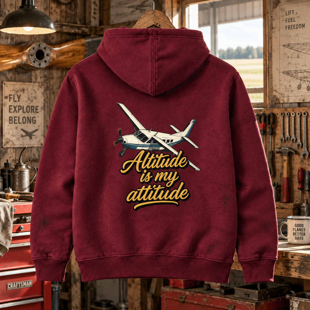 Burgundy Altitude Is My Attitude light-aircraft hoodie in a propeller workshop