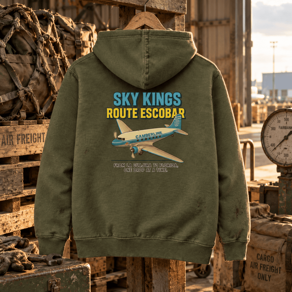 Military green Sky Kings Route Escobar hoodie in an old air-freight depot