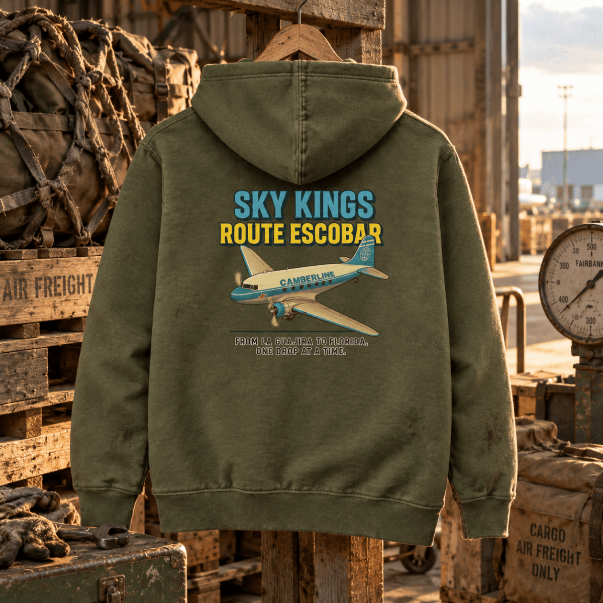 Military green Sky Kings Route Escobar hoodie in an old air-freight depot